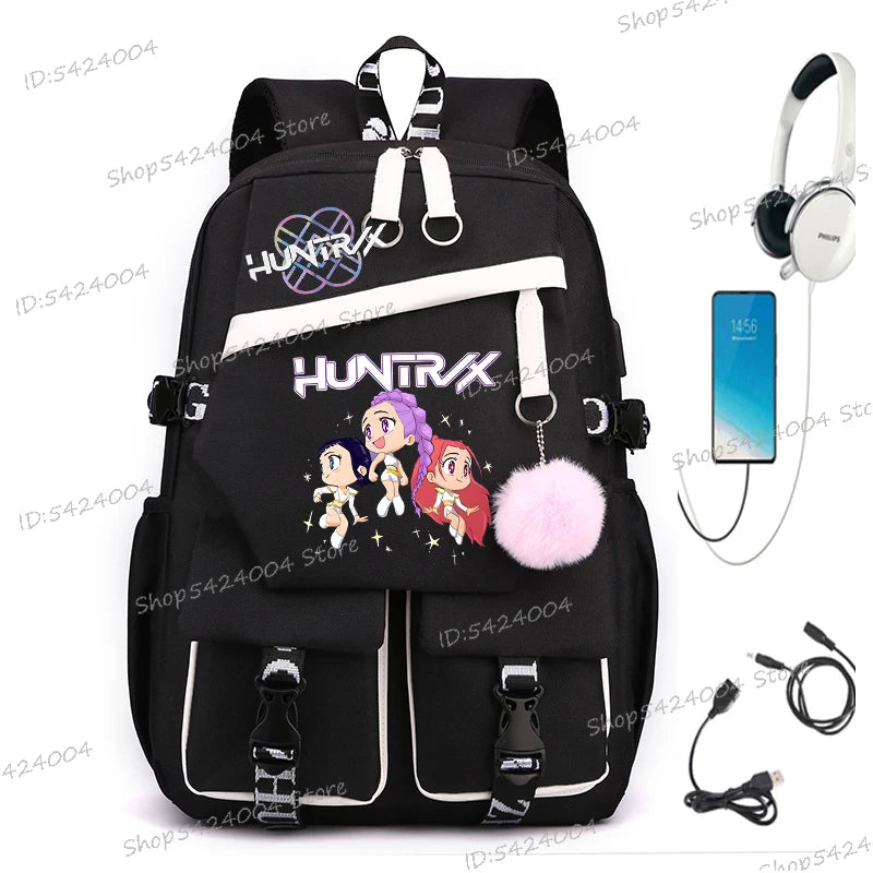 KPop Demon Hunters Print Multi-pocket Backpack Women Large Capacity Laptop Bagpack Fashion Casual USB Port Girls Schoolbag