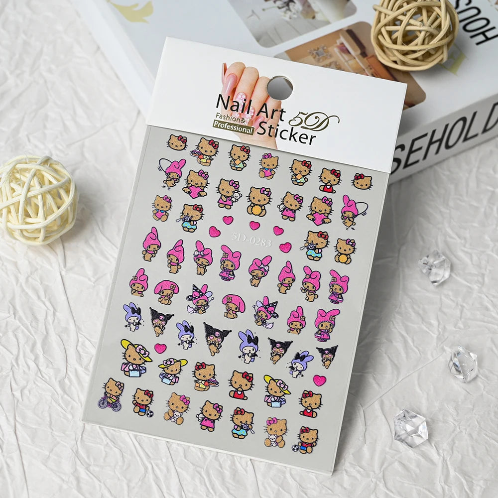 3D/5D Pink Hello Kitty Nail Art Stickers Anime Cartoon KT Japanese Cartoon Cute Hot Girl Fashion Nail Decal Jewelry Nail Sticker