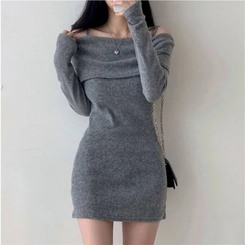 Black Knitted Mini Dress off Shoulder Long Sleeve Dresses Show off Your Collarbone
