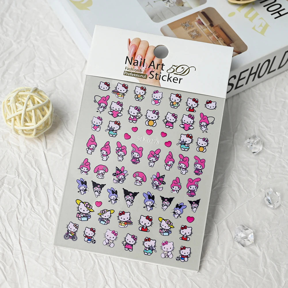 3D/5D Pink Hello Kitty Nail Art Stickers Anime Cartoon KT Japanese Cartoon Cute Hot Girl Fashion Nail Decal Jewelry Nail Sticker