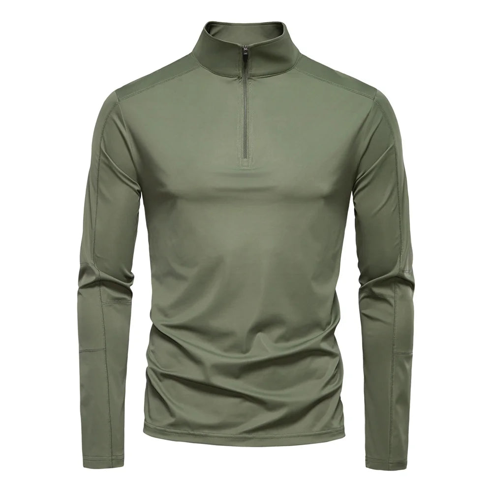 AIOPESON Men's UPF100+ Sun Protection Long Sleeve Shirt Solid Color Zipper Outdoor Shirts Stand Collar Quick Dry T Shirts