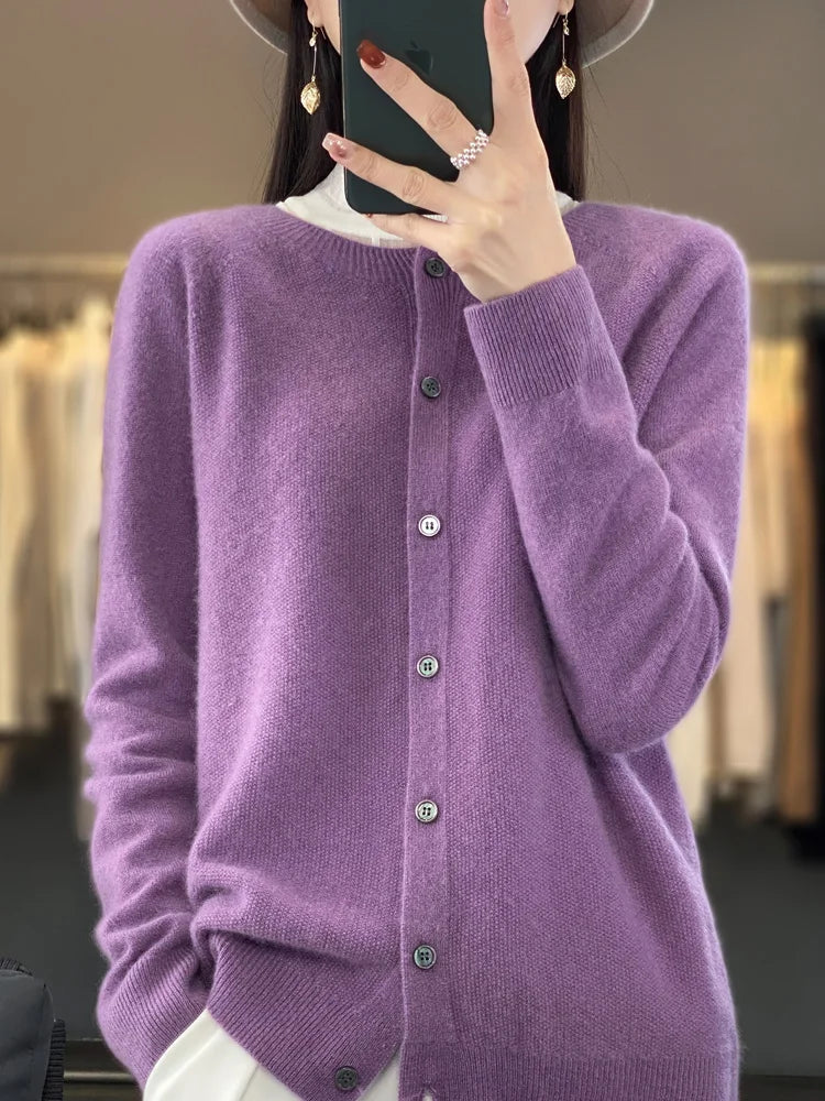 Aliselect New Fashion Women Clothing 100% Merino Wool Sweater O-Neck Long Sleeve Spring Autumn Winter Cardigan Knitwears Tops