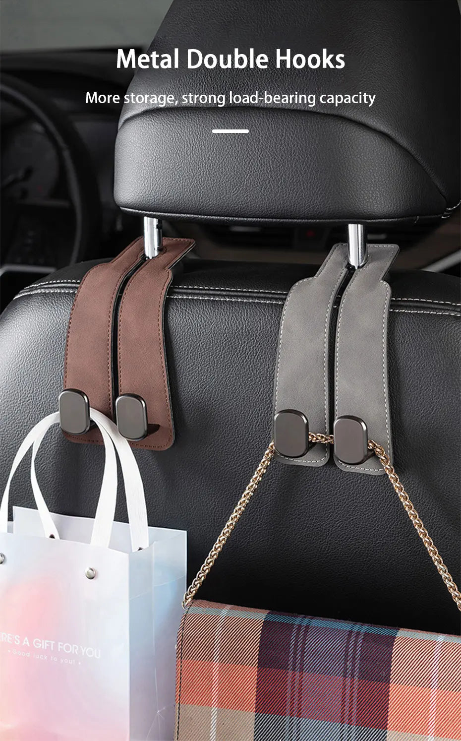 BLALION Suede Vehicle Metal Hook Hanger Multifunction Hanger Storage Organizer Double Hook Holder Rear Seat Hooks Accessories