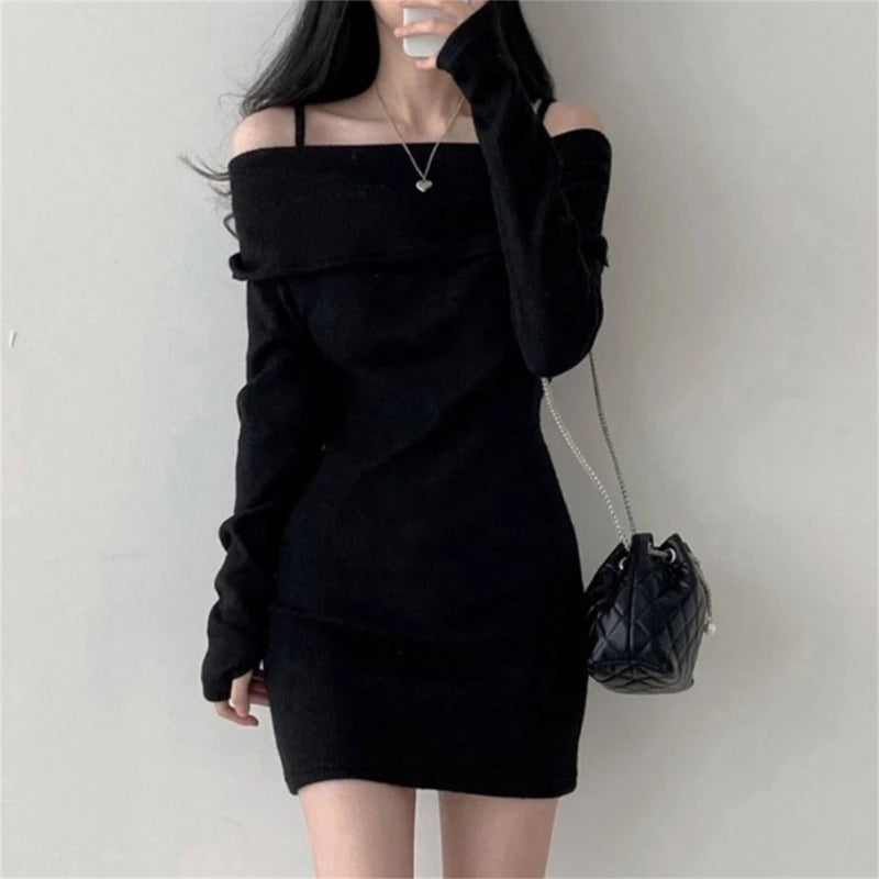 Black Knitted Mini Dress off Shoulder Long Sleeve Dresses Show off Your Collarbone