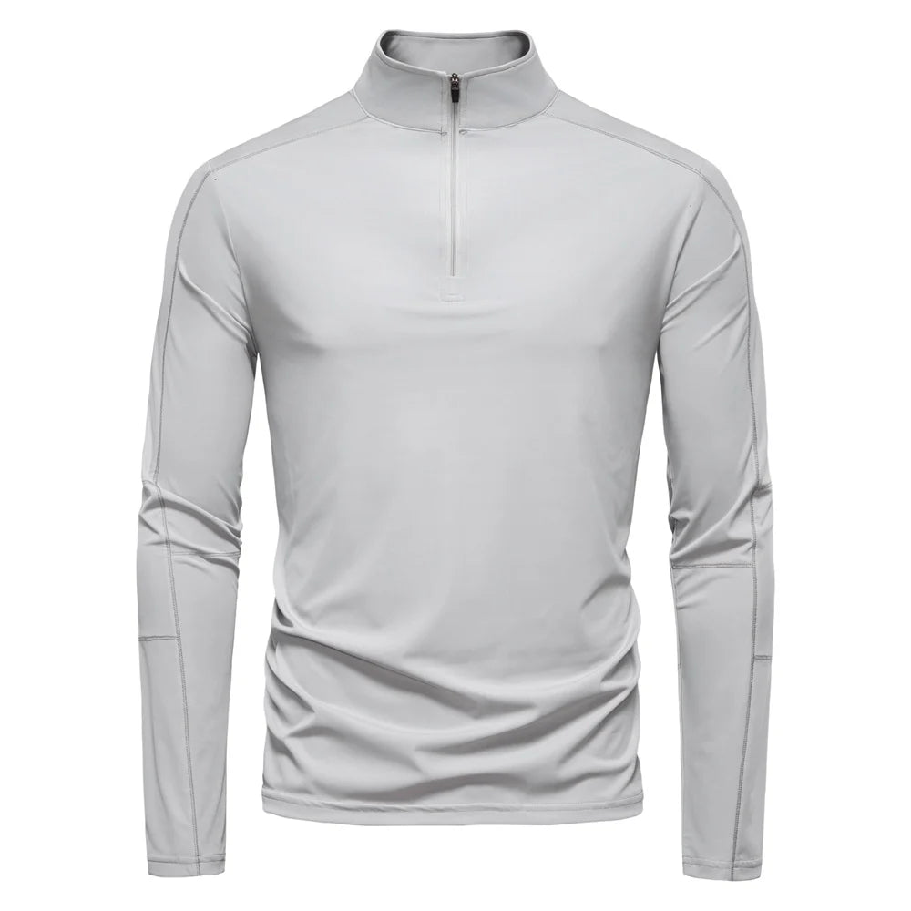 AIOPESON Men's UPF100+ Sun Protection Long Sleeve Shirt Solid Color Zipper Outdoor Shirts Stand Collar Quick Dry T Shirts