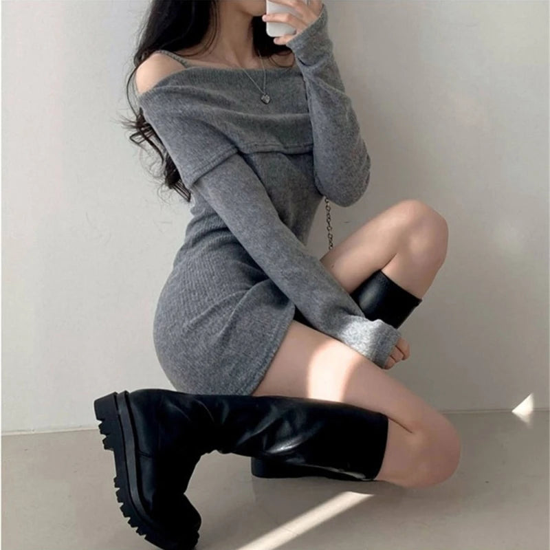 Black Knitted Mini Dress off Shoulder Long Sleeve Dresses Show off Your Collarbone