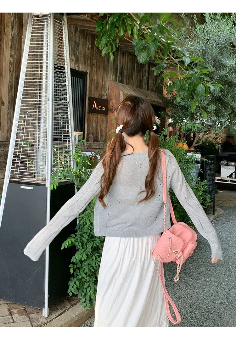 Grey Knitted Cardigan Thin Tops Women Summer Hollow Out Long Sleeve Button Sun Protected Korean Style Short Knitwear Tops Female
