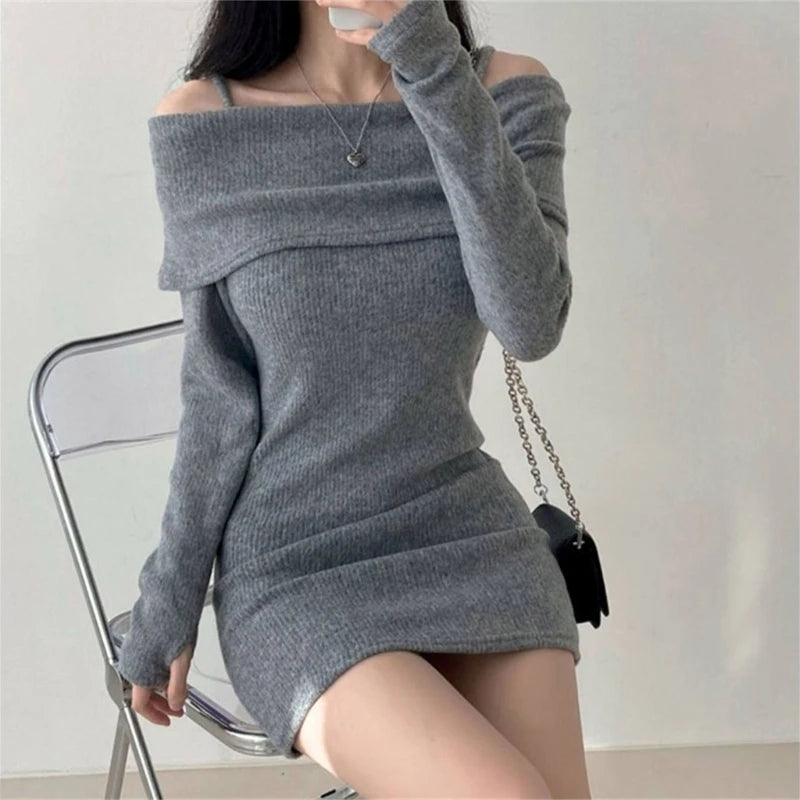 Black Knitted Mini Dress off Shoulder Long Sleeve Dresses Show off Your Collarbone
