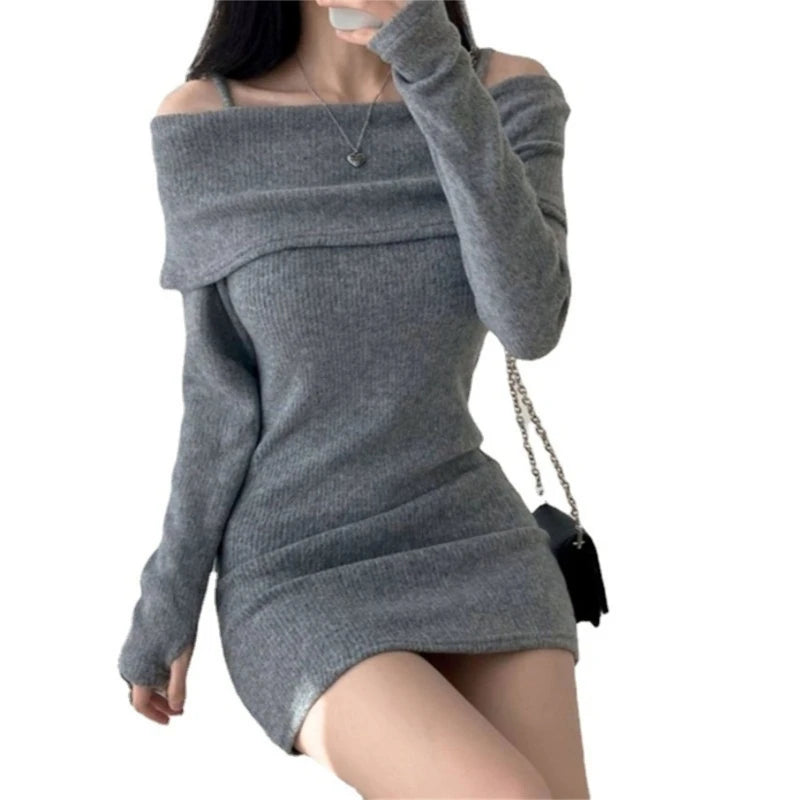 Black Knitted Mini Dress off Shoulder Long Sleeve Dresses Show off Your Collarbone