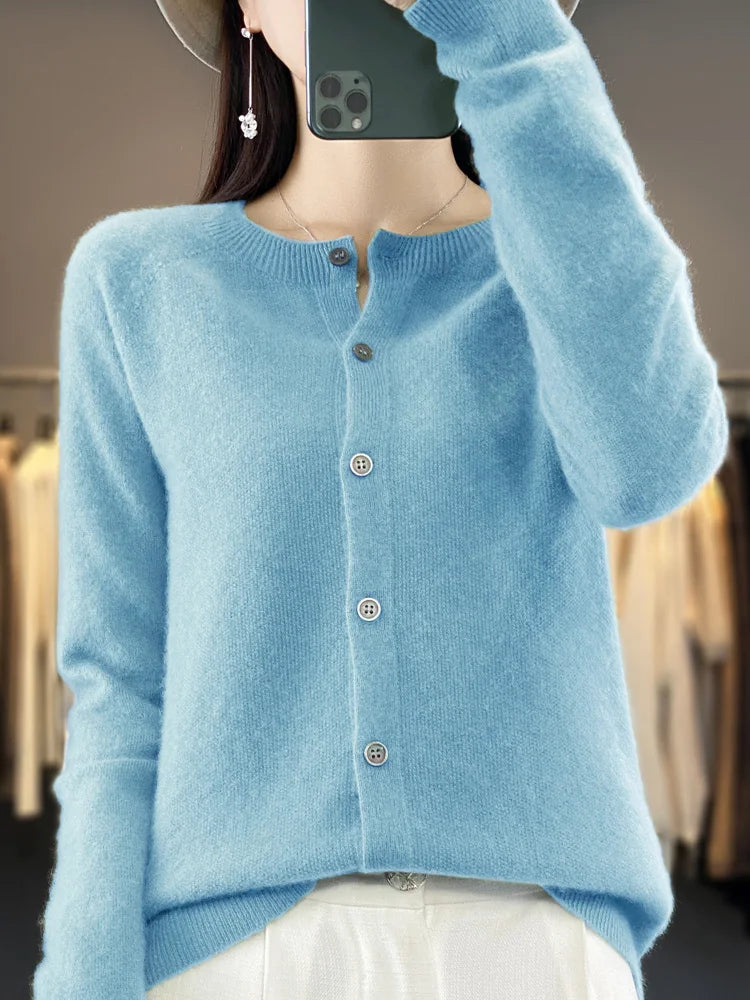 Aliselect New Fashion Women Clothing 100% Merino Wool Sweater O-Neck Long Sleeve Spring Autumn Winter Cardigan Knitwears Tops