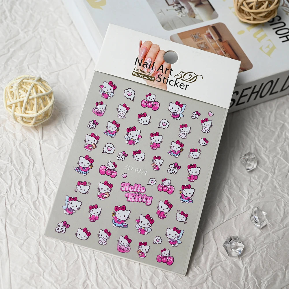 3D/5D Pink Hello Kitty Nail Art Stickers Anime Cartoon KT Japanese Cartoon Cute Hot Girl Fashion Nail Decal Jewelry Nail Sticker