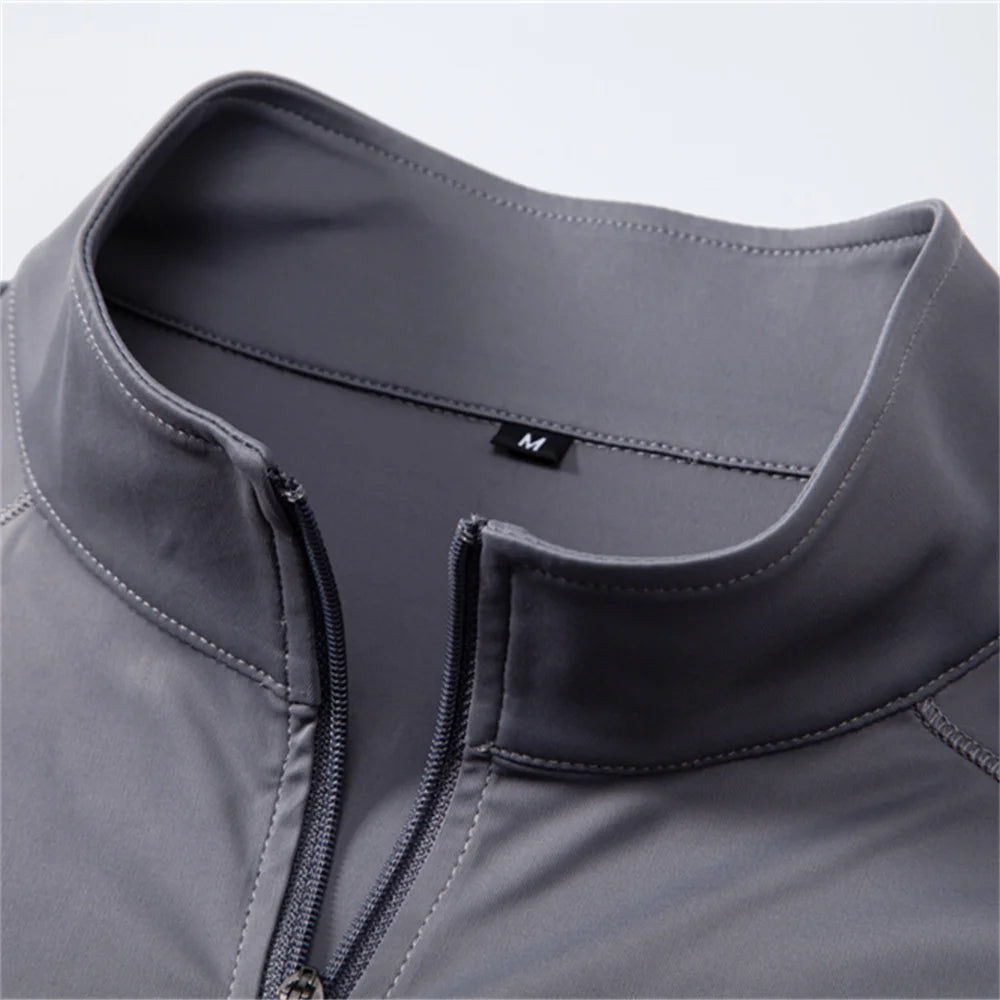 AIOPESON Men's UPF100+ Sun Protection Long Sleeve Shirt Solid Color Zipper Outdoor Shirts Stand Collar Quick Dry T Shirts