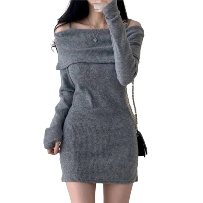 Black Knitted Mini Dress off Shoulder Long Sleeve Dresses Show off Your Collarbone