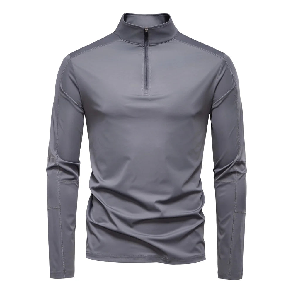 AIOPESON Men's UPF100+ Sun Protection Long Sleeve Shirt Solid Color Zipper Outdoor Shirts Stand Collar Quick Dry T Shirts