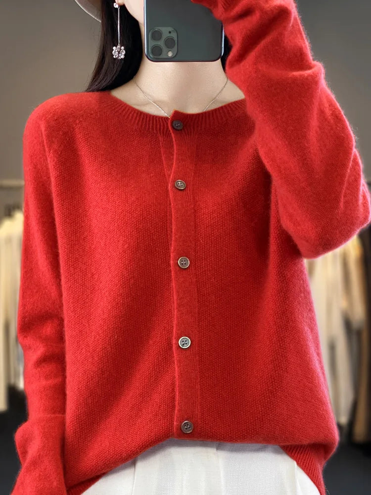 Aliselect New Fashion Women Clothing 100% Merino Wool Sweater O-Neck Long Sleeve Spring Autumn Winter Cardigan Knitwears Tops