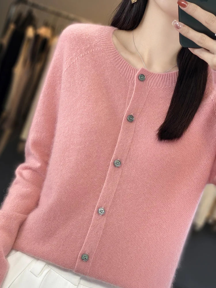 Aliselect New Fashion Women Clothing 100% Merino Wool Sweater O-Neck Long Sleeve Spring Autumn Winter Cardigan Knitwears Tops