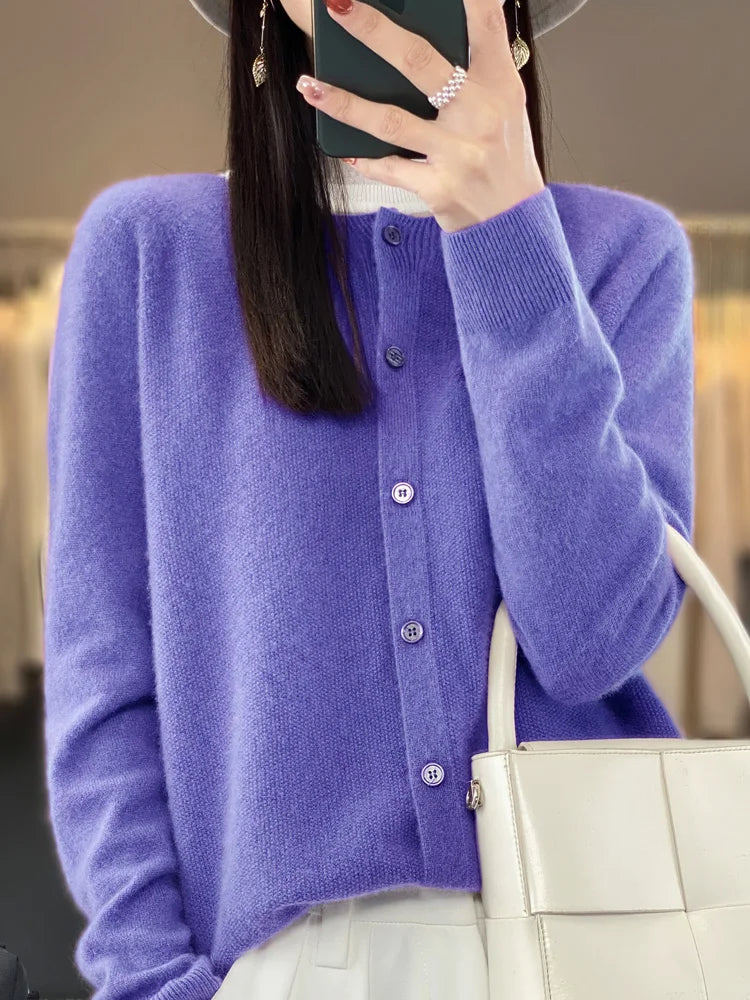 Aliselect New Fashion Women Clothing 100% Merino Wool Sweater O-Neck Long Sleeve Spring Autumn Winter Cardigan Knitwears Tops
