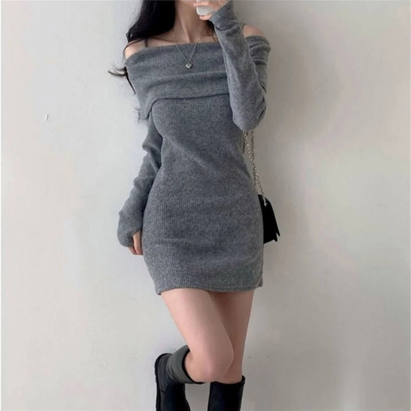 Black Knitted Mini Dress off Shoulder Long Sleeve Dresses Show off Your Collarbone