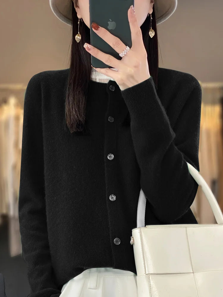Aliselect New Fashion Women Clothing 100% Merino Wool Sweater O-Neck Long Sleeve Spring Autumn Winter Cardigan Knitwears Tops