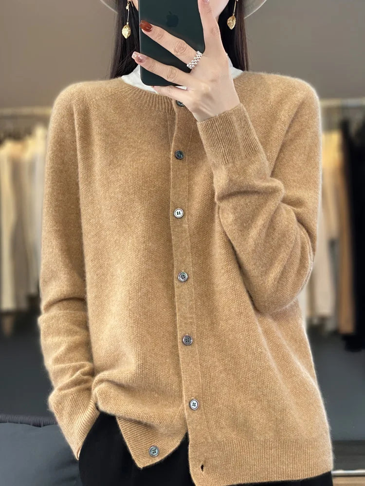 Aliselect New Fashion Women Clothing 100% Merino Wool Sweater O-Neck Long Sleeve Spring Autumn Winter Cardigan Knitwears Tops