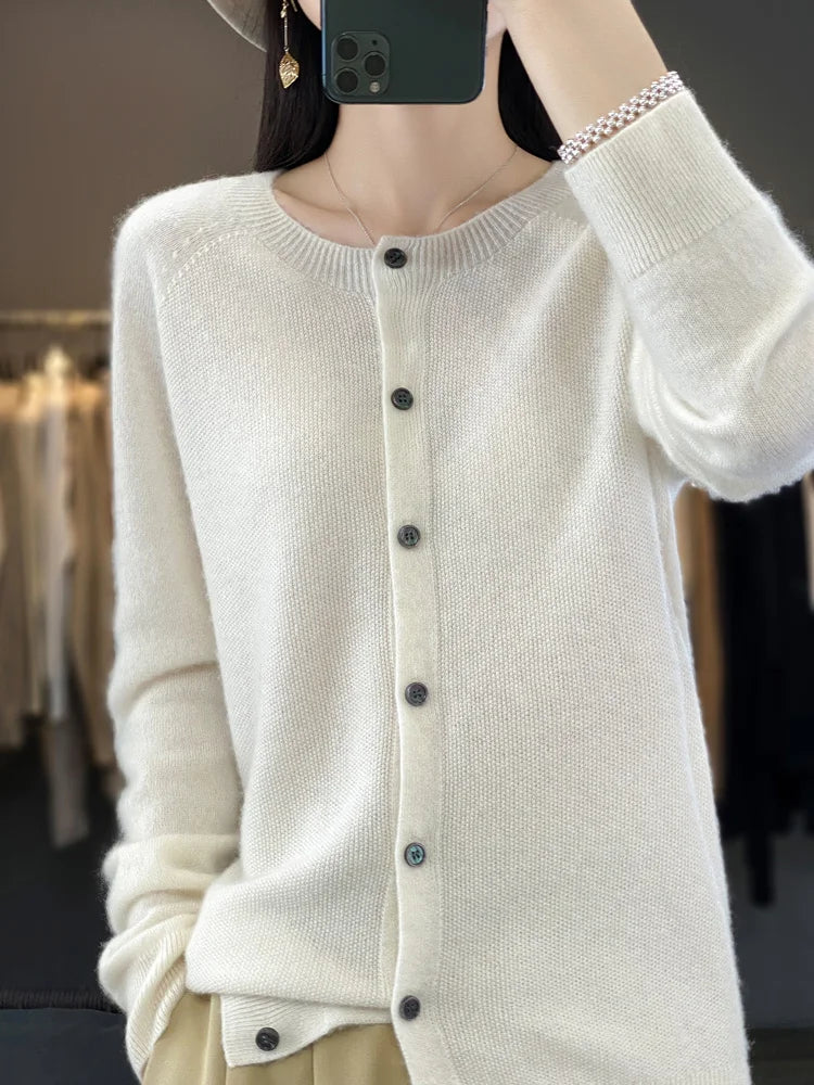 Aliselect New Fashion Women Clothing 100% Merino Wool Sweater O-Neck Long Sleeve Spring Autumn Winter Cardigan Knitwears Tops