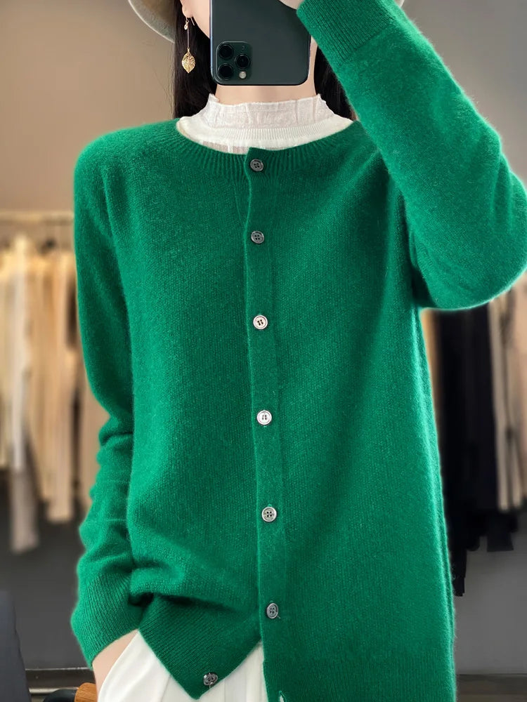 Aliselect New Fashion Women Clothing 100% Merino Wool Sweater O-Neck Long Sleeve Spring Autumn Winter Cardigan Knitwears Tops